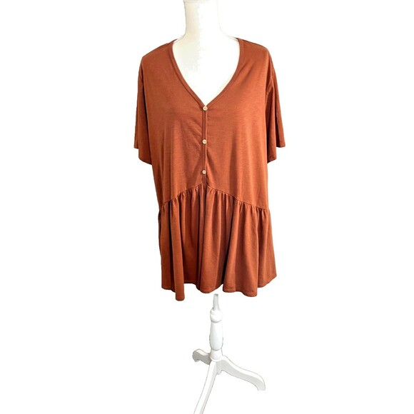 Terra & Sky Brown Rust Button V-Neck Babydoll Top Blouse Sizes 4 XL 28W-30W - Picture 1 of 6